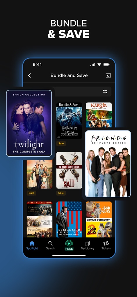 Fandango at Home: Movies & TV - The app highlights significant value through its "Bundle & Save" section, presenting appealing multi-film collections like the "5-Film Collection" and "10-Film Collection" often accompanied by "Sale" indicators.
