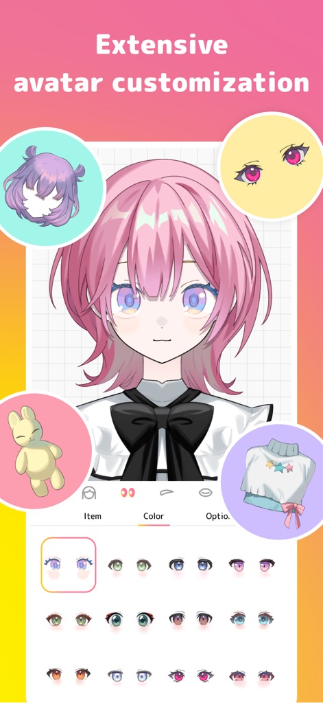 Avvy | VTuber&Anime Avatar - Los usuarios pueden explorar una vasta selección de opciones, desde la amplia variedad de estilos de ojos hasta las diversas alternativas de peinados mostradas en los iconos circulares.