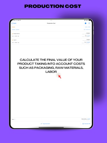 Production cost iPad screenshot