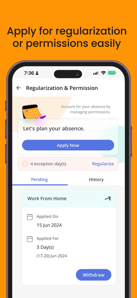 greytHR - the one-stop HR App - Users can easily request and manage attendance regularization, with pending 'Work From Home' applications clearly listed and a convenient 'Withdraw' option.