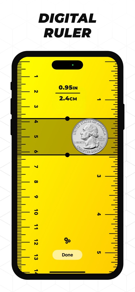 Tape Measure™ - Los usuarios pueden utilizar la regla digital para medir objetos pequeños con gran detalle, como se ilustra con la medición de una moneda que muestra tanto "0.95IN" como "2.4CM" para una precisión bilingüe.