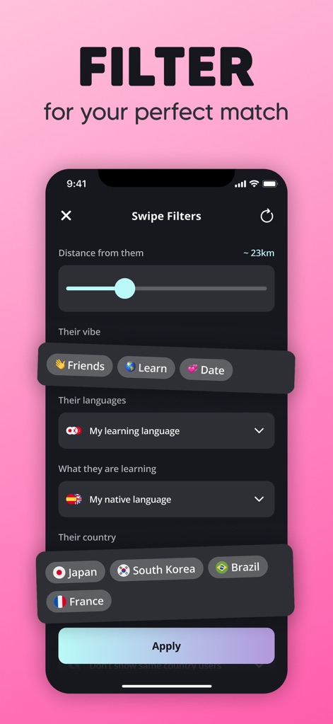 Moji – Korea & Japan Friends - This tool offers robust filtering options, allowing users to select specific vibes like 'Friends' or 'Learn' and target countries such as Japan or South Korea.