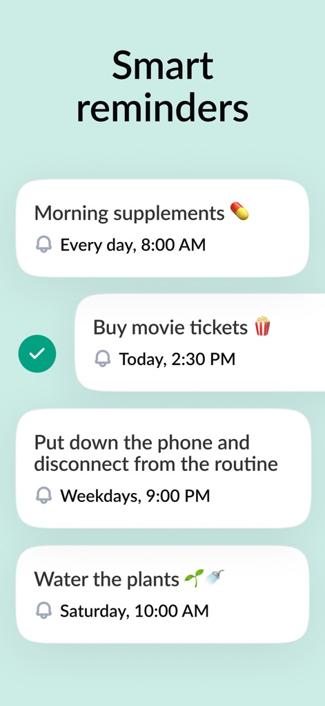 Zapia AI - Personal Assistant - Observe the clear organization of various reminders, from daily supplements to specific date and time notifications, each accompanied by relevant emojis.
