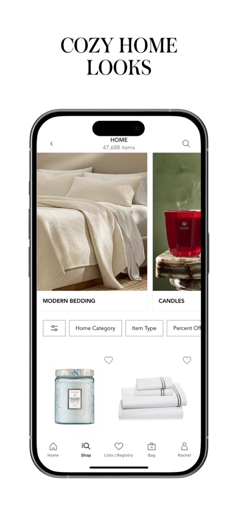Bloomingdale's: Online Store - The app offers "COZY HOME LOOKS" for interior styling, showcasing premium bedding sets and decorative candles with intuitive filtering options.