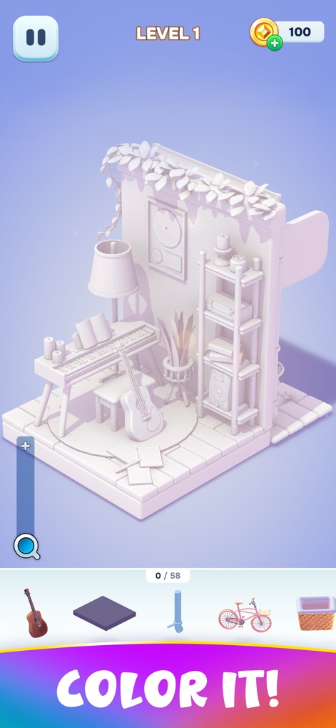 Decolore - Witness the initial monochrome 3D room design and the available item selection bar, awaiting creative input.