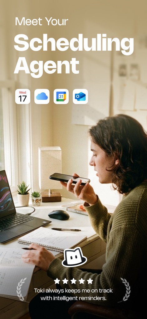 Toki: AI Scheduling & Tasks - La aplicación se presenta como un agente inteligente de programación, destacando su compatibilidad con múltiples calendarios (como el icono de Google Calendar) y las valoraciones de los usuarios que confirman su eficacia con recordatorios inteligentes.