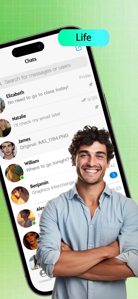 DuoChat：Clone Dual Account App - This screen showcases the 'Life' mode, allowing users to effortlessly manage personal conversations while maintaining the familiar, user-friendly chat list interface.