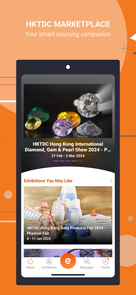 HKTDC Marketplace - Questa schermata principale mette in evidenza la prossima "HKTDC Hong Kong International Diamond, Gem & Pearl Show 2024" e suggerimenti personalizzati come la "HKTDC Hong Kong Baby Products Fair 2024".
