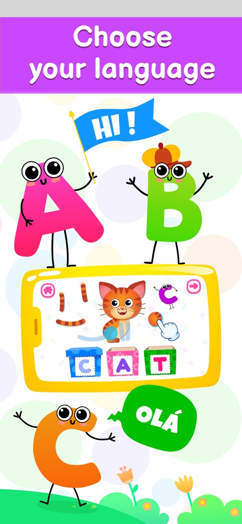 Kids ABC Phonics Tracing Games - Highlighting the app's diverse linguistic support with animated letters A and B, and a phone screen demonstrating word building using letter blocks, alongside a 'Olá' speech bubble.