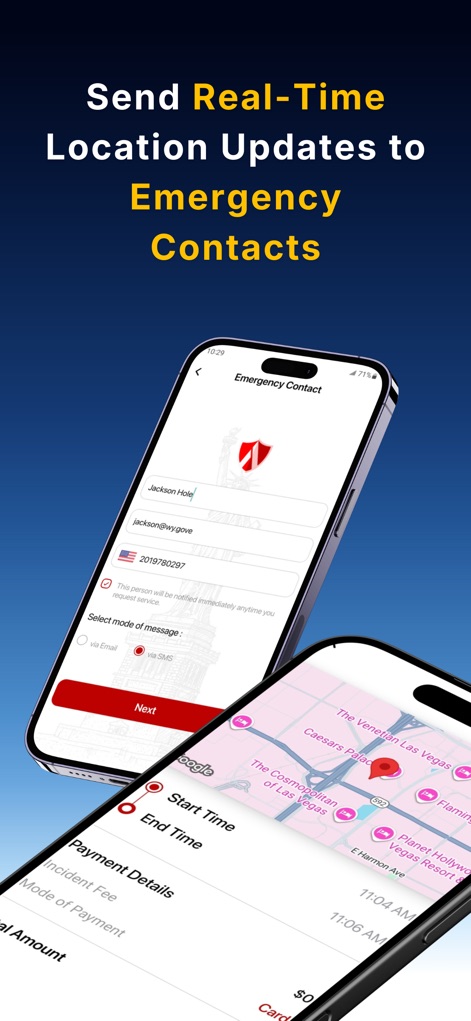 Attorney Shield Inc - Users can manage emergency contacts and send real-time location updates, clearly displayed on an interactive map, to trusted individuals.