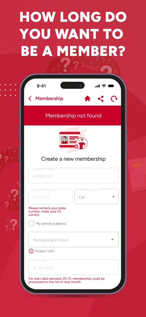 PARKEE - Users can effortlessly create a new membership by specifying vehicle details, including plate number and type, and selecting a preferred membership product.
