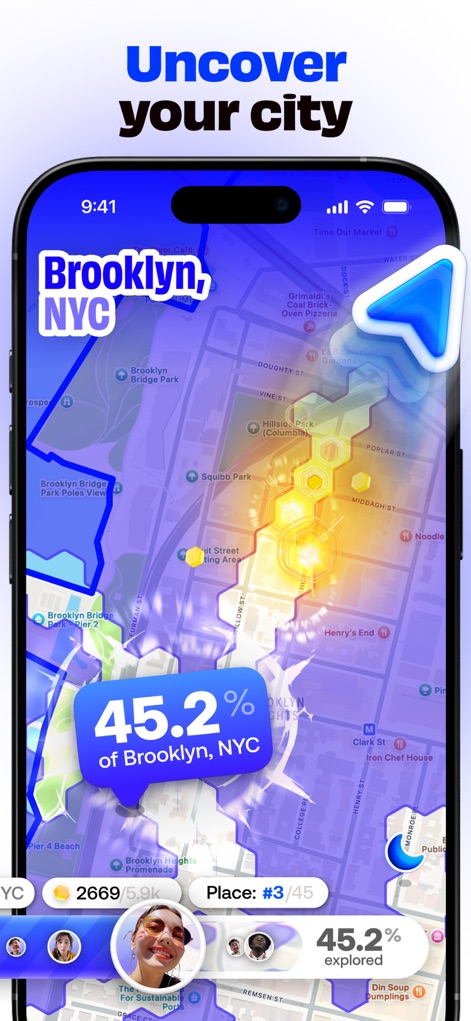 Bump - hang with friends IRL - Questa schermata introduce la funzione "Scratch Map", dove le aree esplorate della città sono evidenziate, mostrando una percentuale di scoperta come "45.2% of Brooklyn, NYC".