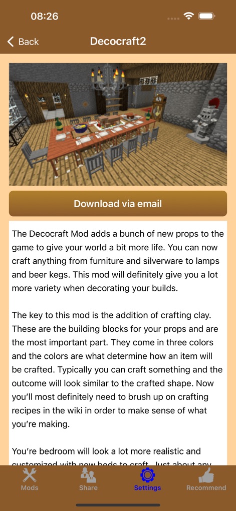 MC - Latest Furniture DLC Mods - A imagem do mod "Decocraft2" revela uma sala de jantar ricamente decorada com diversos móveis e blocos de argila para criação de adereços.