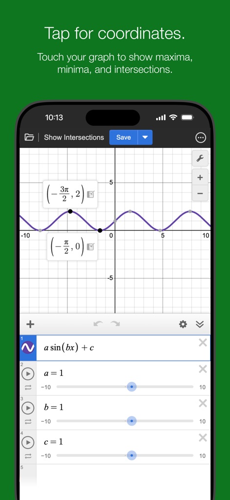 Desmos Graphing Calculator - Os usuários podem interagir com o gráfico para identificar pontos de interesse, como as coordenadas de interseção e os valores máximos de uma função trigonométrica, que são exibidos com precisão para análise.