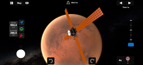 Ellipse: Rocket Simulator - Discover the wonders of interplanetary exploration, featuring a probe with extended solar panels gracefully orbiting the red planet, Mars, with stunning fidelity.