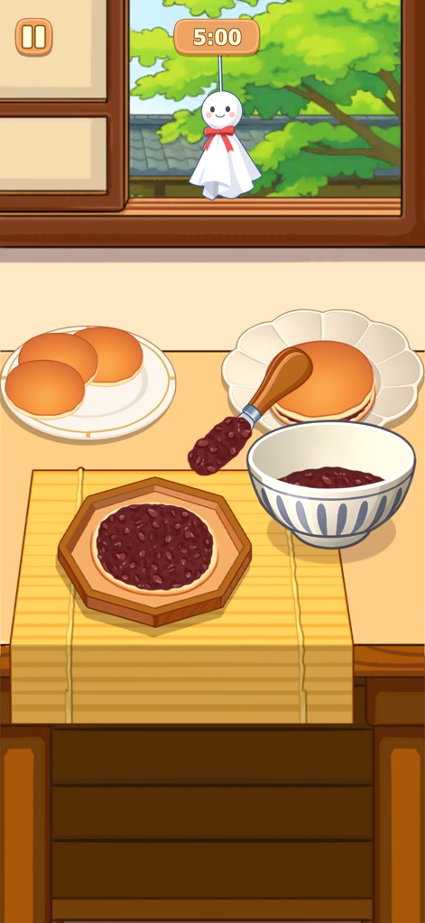 Cookzii: Cozy Cooking ASMR - Users can enjoy preparing sweet treats like red bean buns, surrounded by the charming handcrafted art style and a tranquil window view with a traditional weather doll.