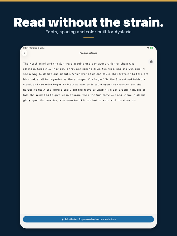 Dyslexia reading settings lab iPad screenshot