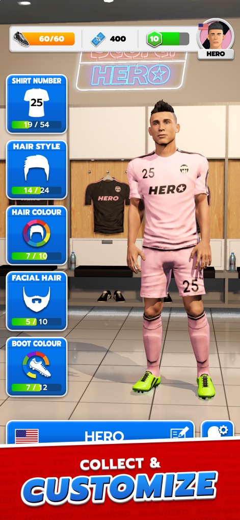 Score! Hero - Esta pantalla permite a los usuarios dar forma a su jugador ideal, ofreciendo opciones detalladas para el número de camiseta y el color del pelo.