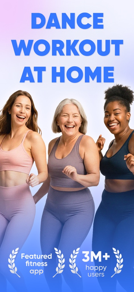 Dancebit: Home Dance Workouts - La aplicación acoge a usuarias de todas las edades, presentando un grupo diverso de mujeres sonrientes que reflejan la inclusión y la alegría del baile, reforzado por la mención de más de tres millones de usuarias satisfechas.