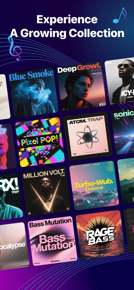 Music Pads: Beat Maker Machine - Découvrez une collection en constante évolution d'albums musicaux aux pochettes variées, avec des thèmes comme 'Pixel POP!' et 'Million Volt', illustrant la richesse des contenus disponibles.