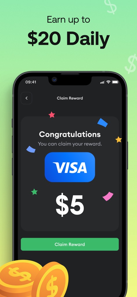 HeyCash - Earn Free Cash Now - Esta tela celebra o sucesso dos usuários com a confirmação de uma recompensa, destacando a gratificação instantânea de $5 e o logotipo da VISA, que indica opções de saque.