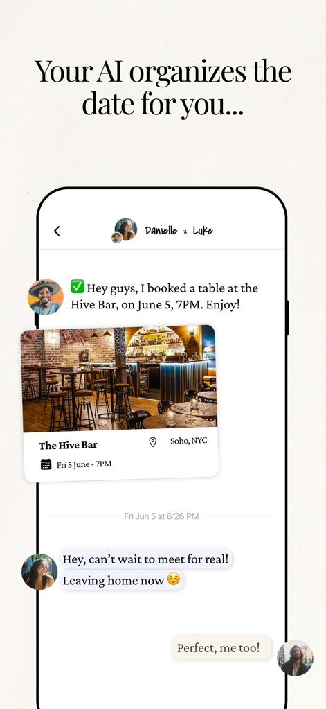 Amata: Matchmaking Club - Amata's AI takes care of logistics, confirming bookings like a table at "The Hive Bar" and displaying the location and time, ensuring users can simply show up to their date.
