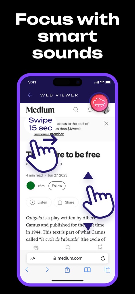 AutoClicker - Auto Scroll: OP - Questo strumento migliora la concentrazione attraverso gesti automatizzati di scorrimento e clic per la navigazione e l'attivazione di suoni intelligenti, rappresentati dall'icona della nuvola.