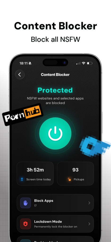 QUITTR - Break Free Now - Users can activate robust content blocking with a simple toggle and manage their environment using "Lockdown Mode" and "Screen time today" metrics.