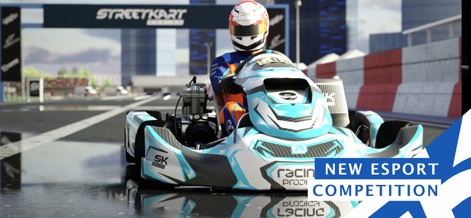 SK26: Street Kart Racing Game - Un kart meticulosamente renderizado se presenta listo para la acción en una pista urbana bajo la lluvia, enfatizando la simulación realista del clima y la introducción de una "New Esport Competition".