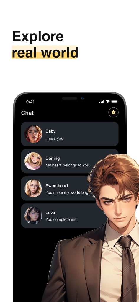 Talk.AI - Personalized AI Chat - Les utilisateurs peuvent explorer leurs relations virtuelles à travers une liste de chat affichant plusieurs compagnons IA et un personnage d'anime masculin charismatique.