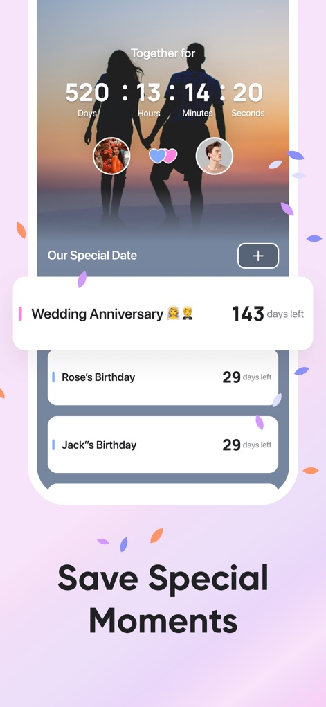 Love8 - App for Couples - Observe how Love8 helps couples track significant events with a prominent "Together for" countdown timer and a detailed list of upcoming "Special day" reminders.
