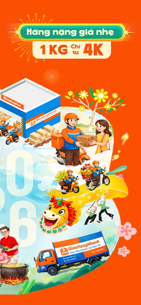GHN - Giao Hàng Nhanh - La imagen enfatiza la asequibilidad de los envíos de gran volumen, mostrando la promoción de 1KG por 4K y la logística integral con almacenes y vehículos.
