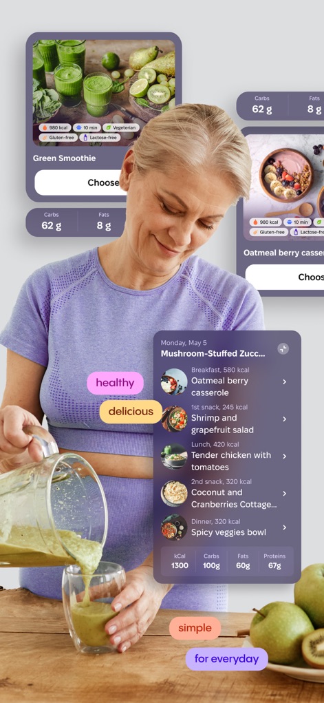 HARNA: Workout & Fitness - Découvrez les plans de repas personnalisés de l'application, offrant une variété d'options saines et un aperçu nutritionnel détaillé (calories et macros) pour chaque jour.