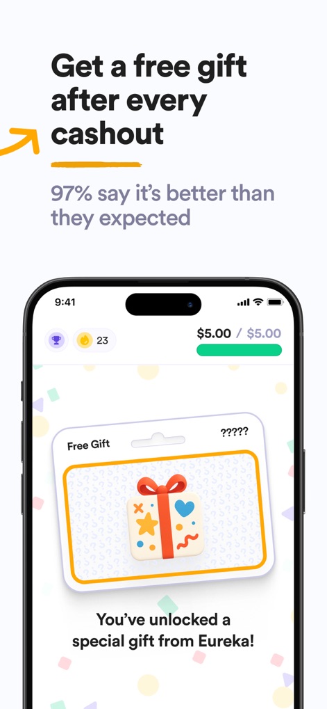 Eureka: Earn money for surveys - Nach jeder Auszahlung wird ein kostenloses Überraschungsgeschenk freigeschaltet, dargestellt durch die auffällige Geschenkbox-Grafik und den Bestätigungstext.