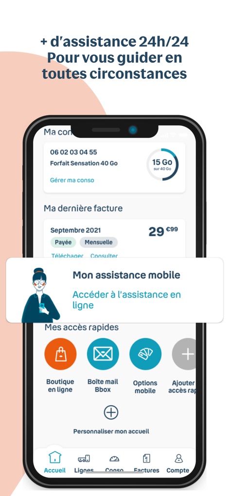 Bouygues Telecom - L'application met en évidence une carte d'accès rapide à l'assistance mobile pour un support immédiat, complétée par une série d'icônes d'accès rapides pour d'autres services essentiels.