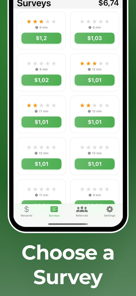 Earn real money cash - Surveys - This screen demonstrates the organized presentation of available surveys, allowing users to quickly identify tasks by their estimated duration and monetary compensation.