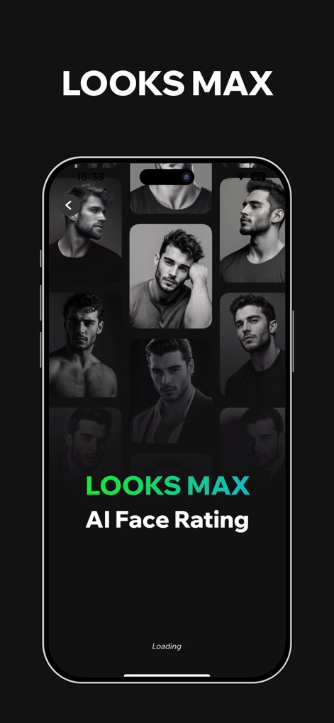 AnimalFace - looksmax ai score - The app displays a grid of diverse male faces and the prominent "AI Face Rating" text, illustrating the core looksmax analysis feature.