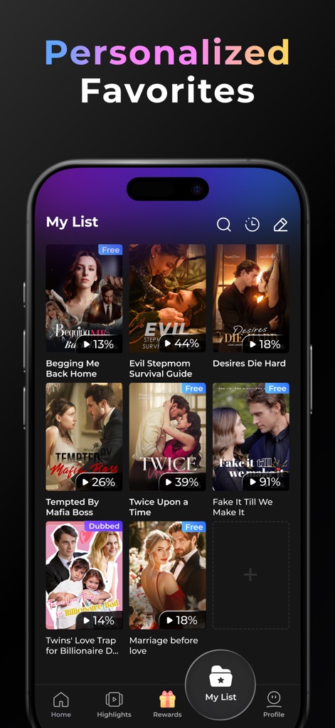 Kalos TV-Short Dramas & Reels - Examine the 'My List' feature, allowing users to track their personalized favorites with watch progress percentages and clearly indicating 'Free' or 'Dubbed' content options.