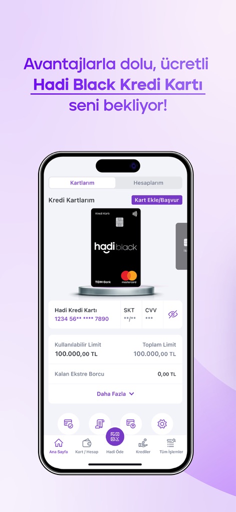 TOM Bank Hadi - Discover comprehensive credit card management, showcasing the available limit of 100,000 TL and the option to easily add new cards.