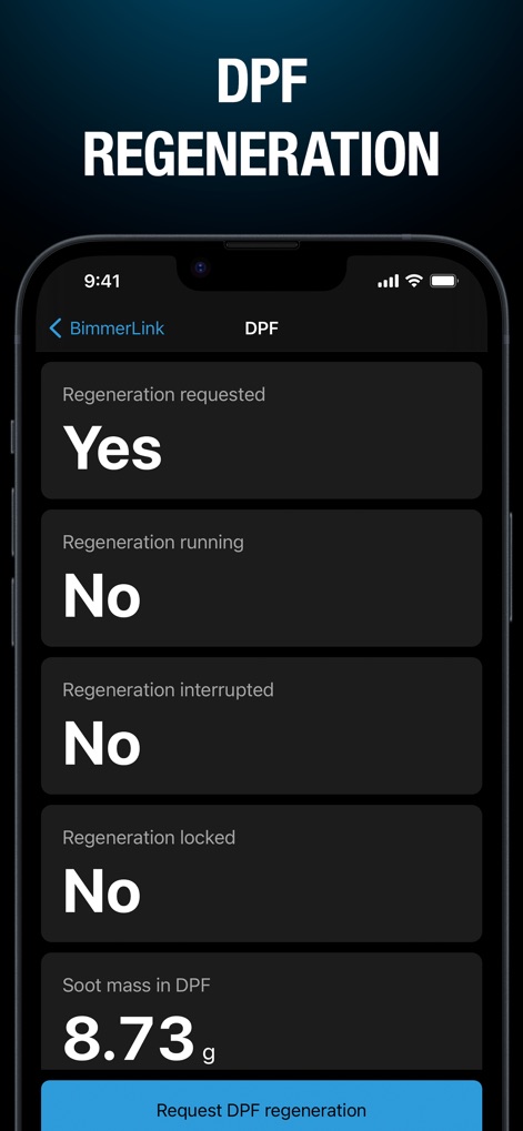 BimmerLink - Diesel owners can monitor DPF health with status indicators for "Regeneration requested" and view the "Soot mass in DPF," with the option to initiate regeneration.