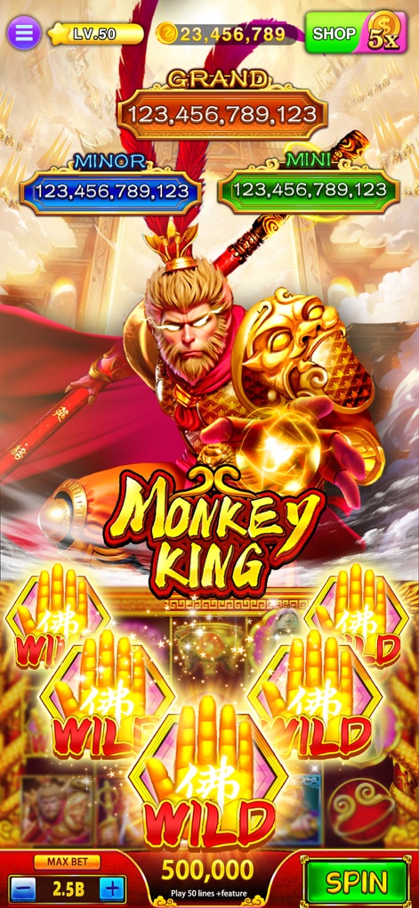 Lucky Jackpot Slots Casino - This screenshot highlights the "Monkey King" game, displaying an epic Monkey King character illustration and unique golden hand "WILD" symbols on the slot reels.