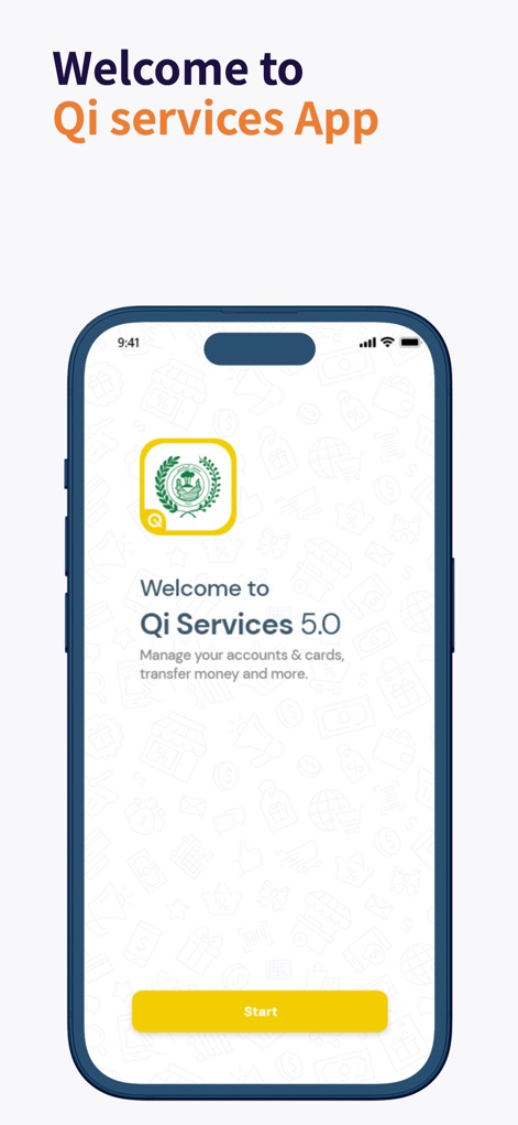 Qi Services - Discover the initial interface of the app, showcasing the prominent Qi Services 5.0 logo and the clear "Start" button for easy onboarding.