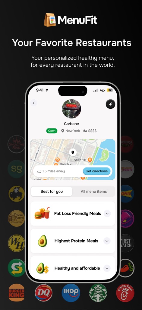 MenuFit - Healthy Eating Out - Users can quickly locate restaurants on an interactive map and explore curated meal suggestions, categorized for specific goals like 'Fat Loss Friendly Meals'.