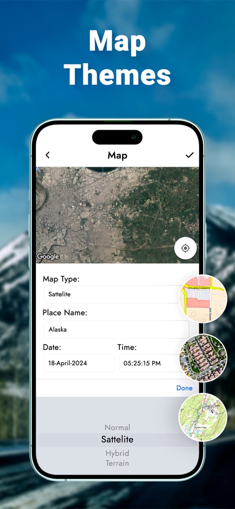 Timestamp - GPS Map Camera - This section illustrates the flexible map configuration options, enabling users to select various map types such as Satellite and Hybrid, and define specific location parameters.