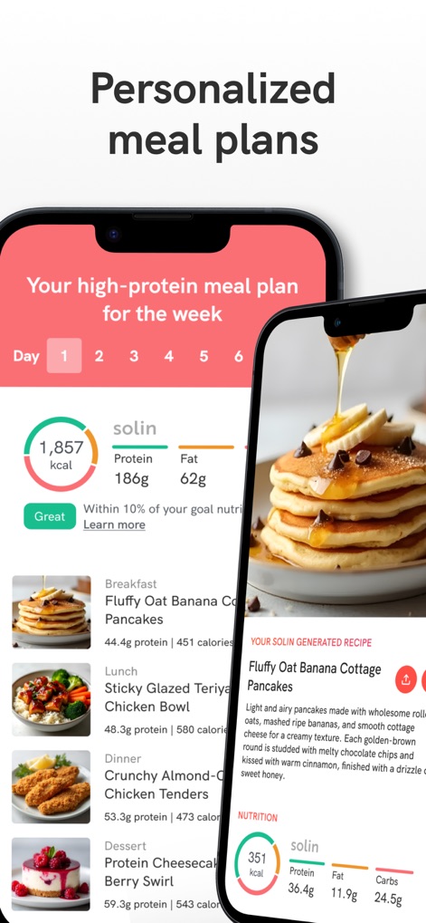 Solin: Challenges & Nutrition - Users receive personalized high-protein meal plans for the week, complete with detailed recipe nutritional information and ingredient lists for each dish.