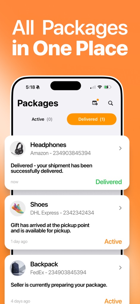 Package Tracker & Track Parcel - La aplicación ofrece una vista consolidada de todos los paquetes, organizados en pestañas 'Active' y 'Delivered' para facilitar la gestión, mostrando artículos como 'Headphones' y 'Shoes'.