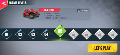 Real Offroad Jeep Driving Game - Esta pantalla muestra los objetivos claros de la misión, como "Travel", "Collect" y "Reach Checkpoints", organizados en una estructura de niveles intuitiva que guía el progreso del jugador.