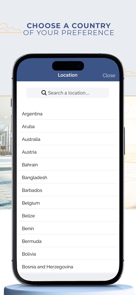 VUMI Travel VIP - Les utilisateurs peuvent choisir leur pays de préférence à partir d'une liste déroulante étendue et utiliser la barre de recherche pour trouver rapidement des emplacements spécifiques, facilitant la personnalisation de leur couverture.