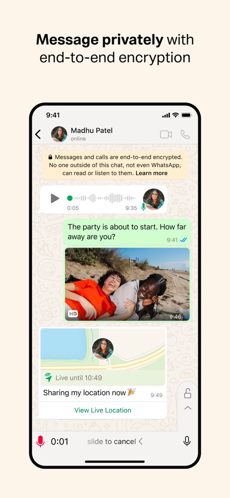 WhatsApp Messenger App Store screenshot 2, headline “Message privately with end-to-end encryption”. Illustration or mascot.