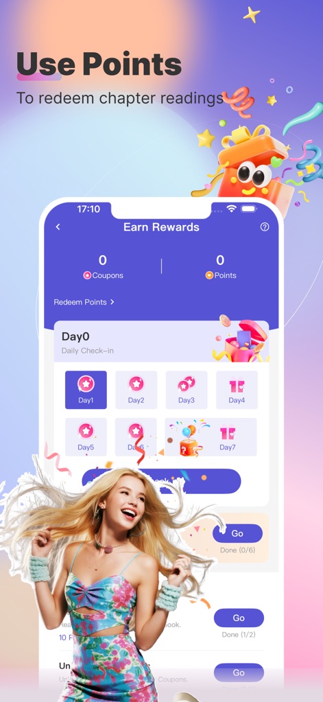 Rosia - This tool incentivizes engagement through a "Daily Check-in" reward system, allowing users to earn "Coupons and Points" to redeem chapters.